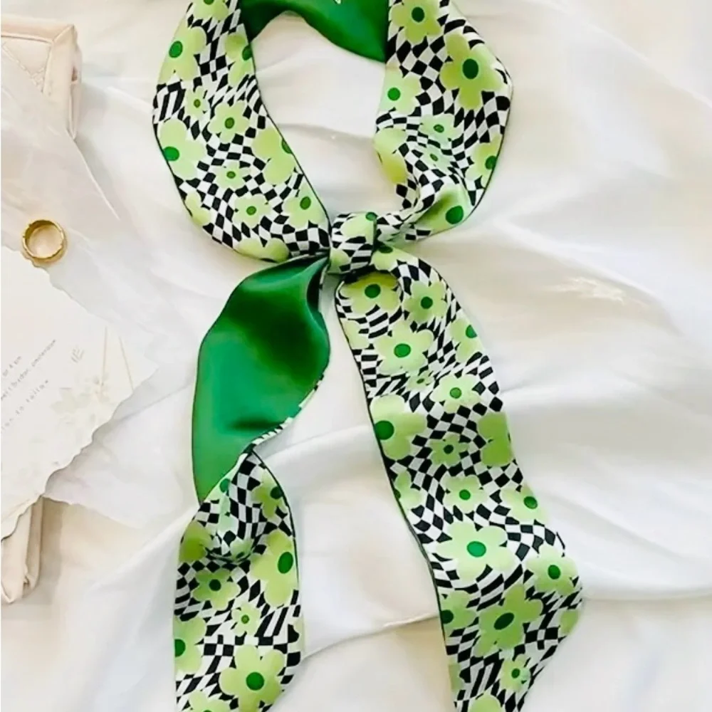 Green Geometric Floral Satin Scarf – Inspirational Silk-Inspired Accessory